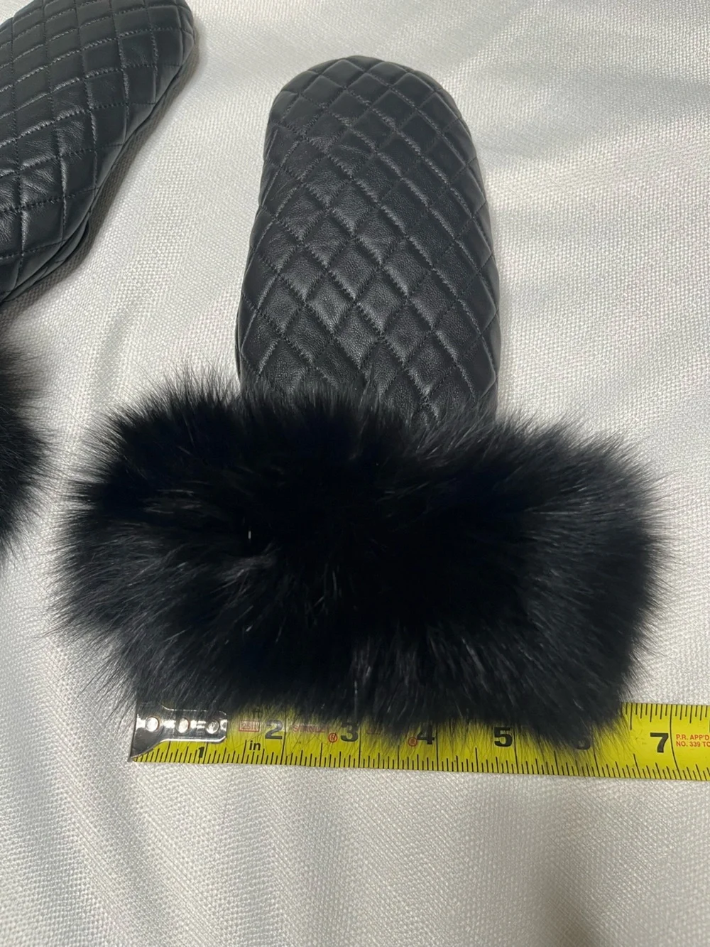 Mitchies Blue Fox Fur Trimmed Quilted Leather Mittens